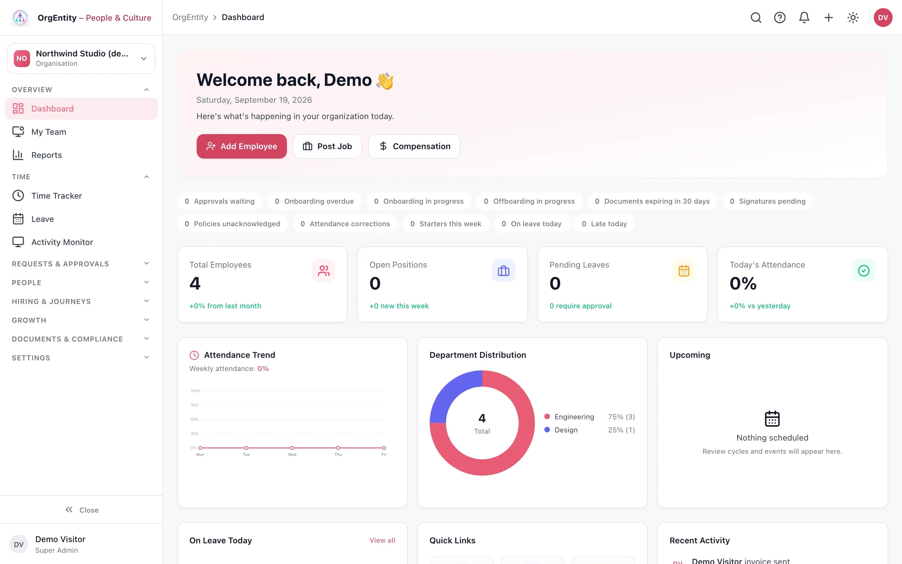 Helmby People dashboard with its counters for approvals, onboarding and offboarding