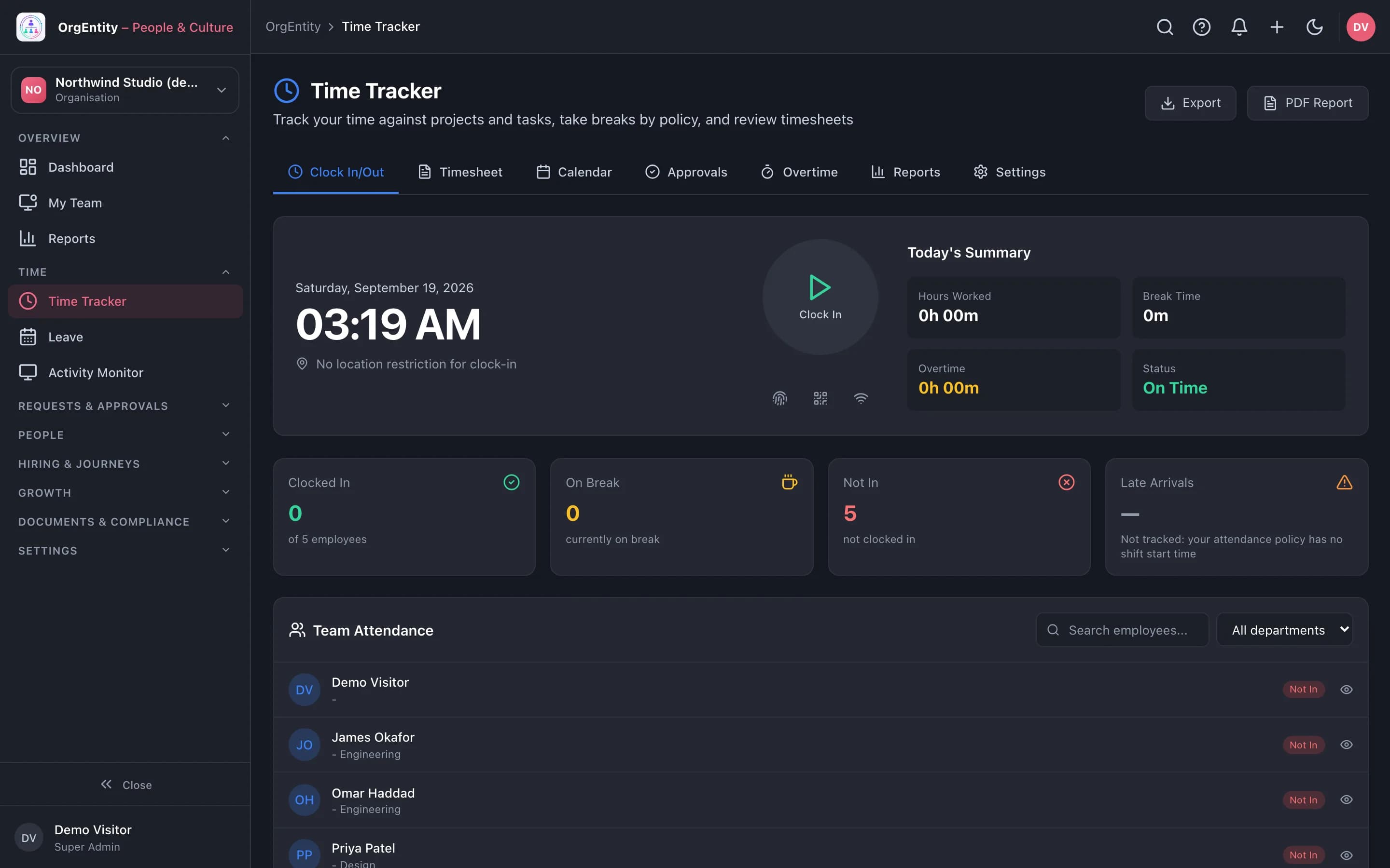 Helmby People Time Tracker with clock in, today’s summary and team attendance, from the demo sandbox