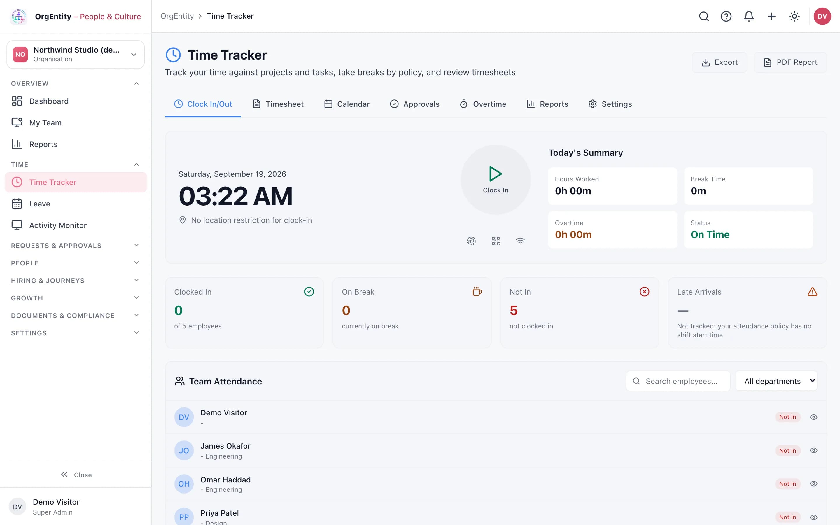 Helmby People Time Tracker with clock in, today’s summary and team attendance, from the demo sandbox