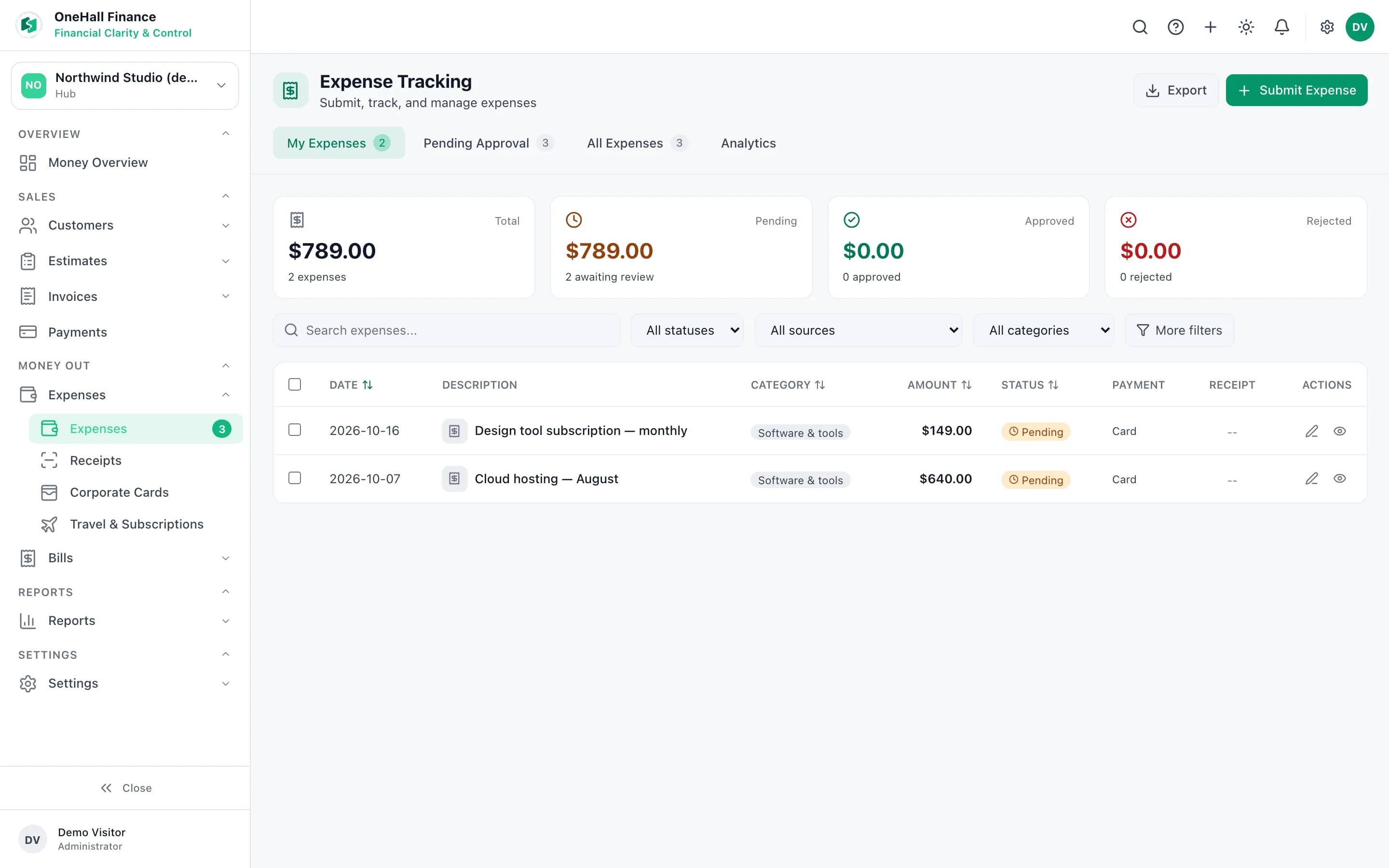 OneHall Finance Expenses screen with totals by status and two expenses pending approval